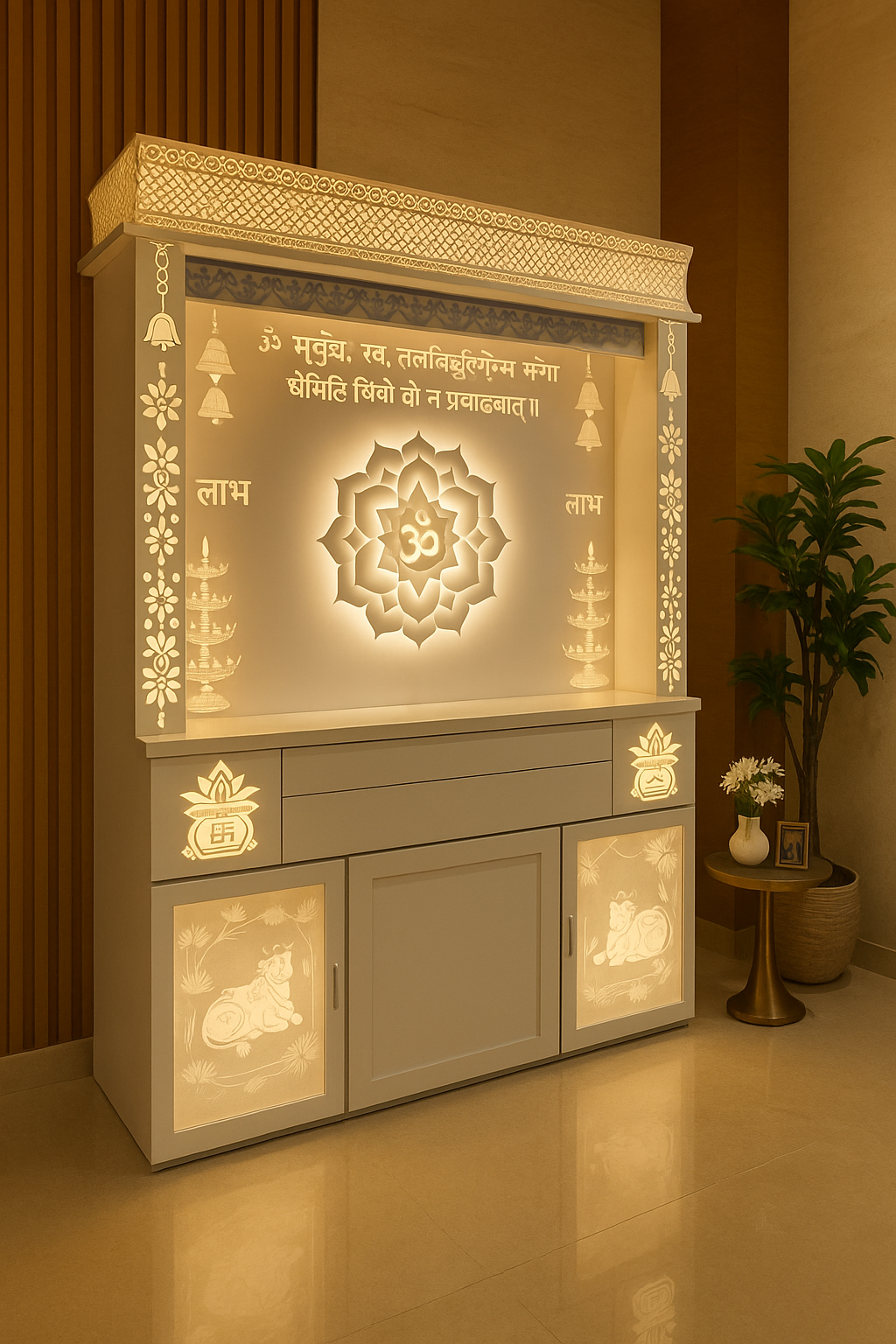 Backlit 3D Lotus Corian Home Temple with LED Halo — Luxury Indian Home Interior — Satguru Creations