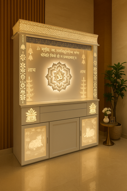 Backlit 3D Lotus Corian Home Temple with LED Halo — Luxury Indian Home Interior — Satguru Creations