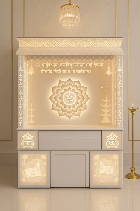 Backlit 3D Lotus Corian Home Temple with LED Halo — Luxury Indian Home Interior — Satguru Creations
