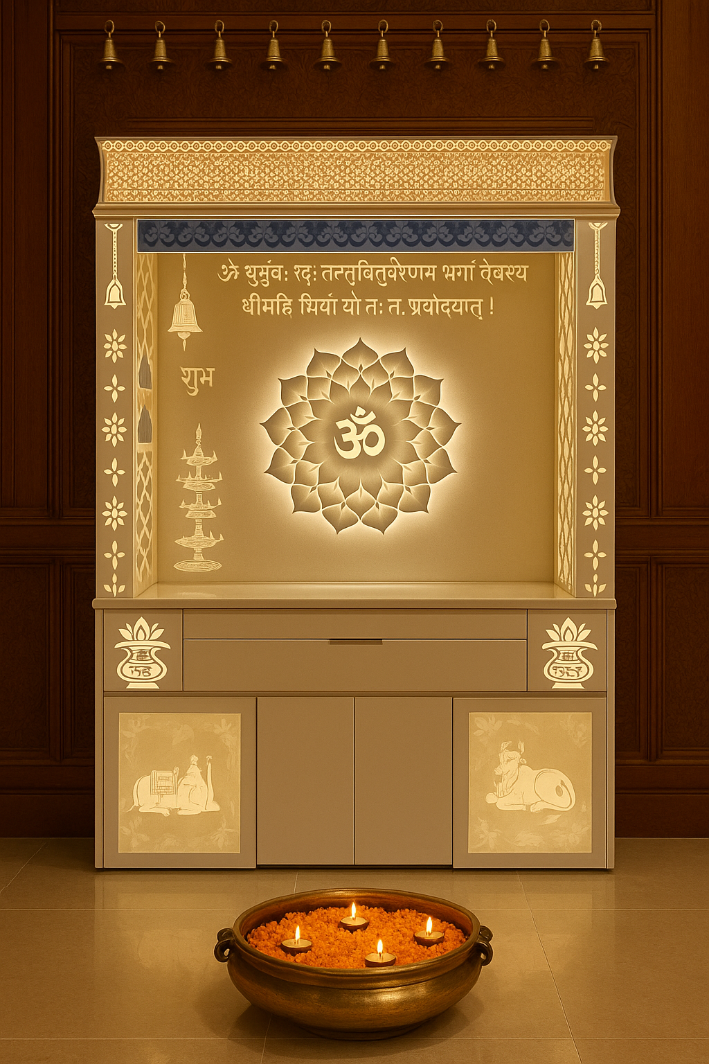 Backlit 3D Lotus Corian Home Temple with LED Halo — Luxury Indian Home Interior — Satguru Creations