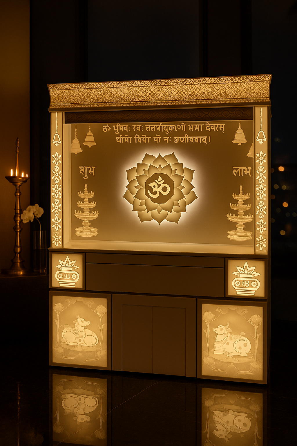 Backlit 3D Lotus Corian Home Temple with LED Halo — Luxury Indian Home Interior — Satguru Creations
