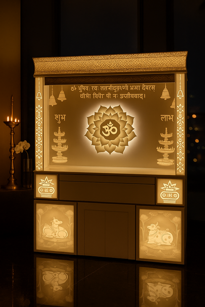 Backlit 3D Lotus Corian Home Temple with LED Halo — Luxury Indian Home Interior — Satguru Creations