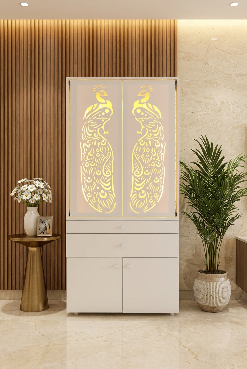 Corian Home Temple with Sliding Doors and Storage Cabinet — Luxury Home Interior — Satguru Creations