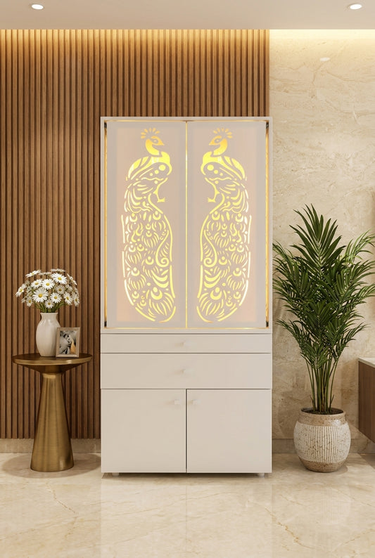 Corian Home Temple with Sliding Doors and Storage Cabinet — Luxury Home Interior — Satguru Creations