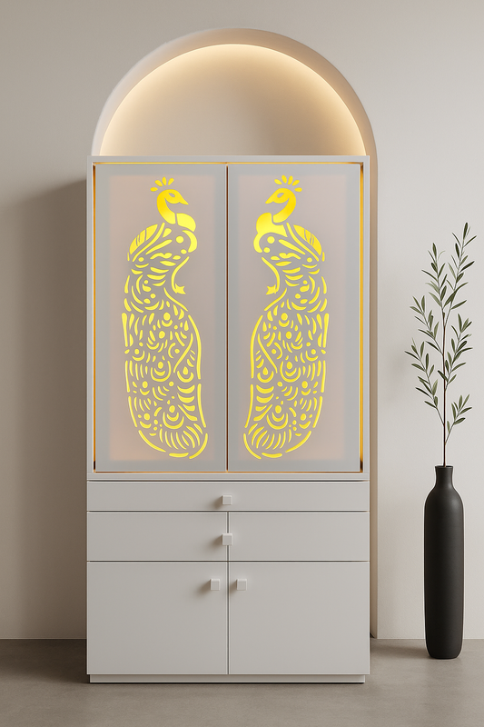 Corian Home Temple with Sliding Doors and Storage Cabinet — Luxury Indian Home Interior — Satguru Creations