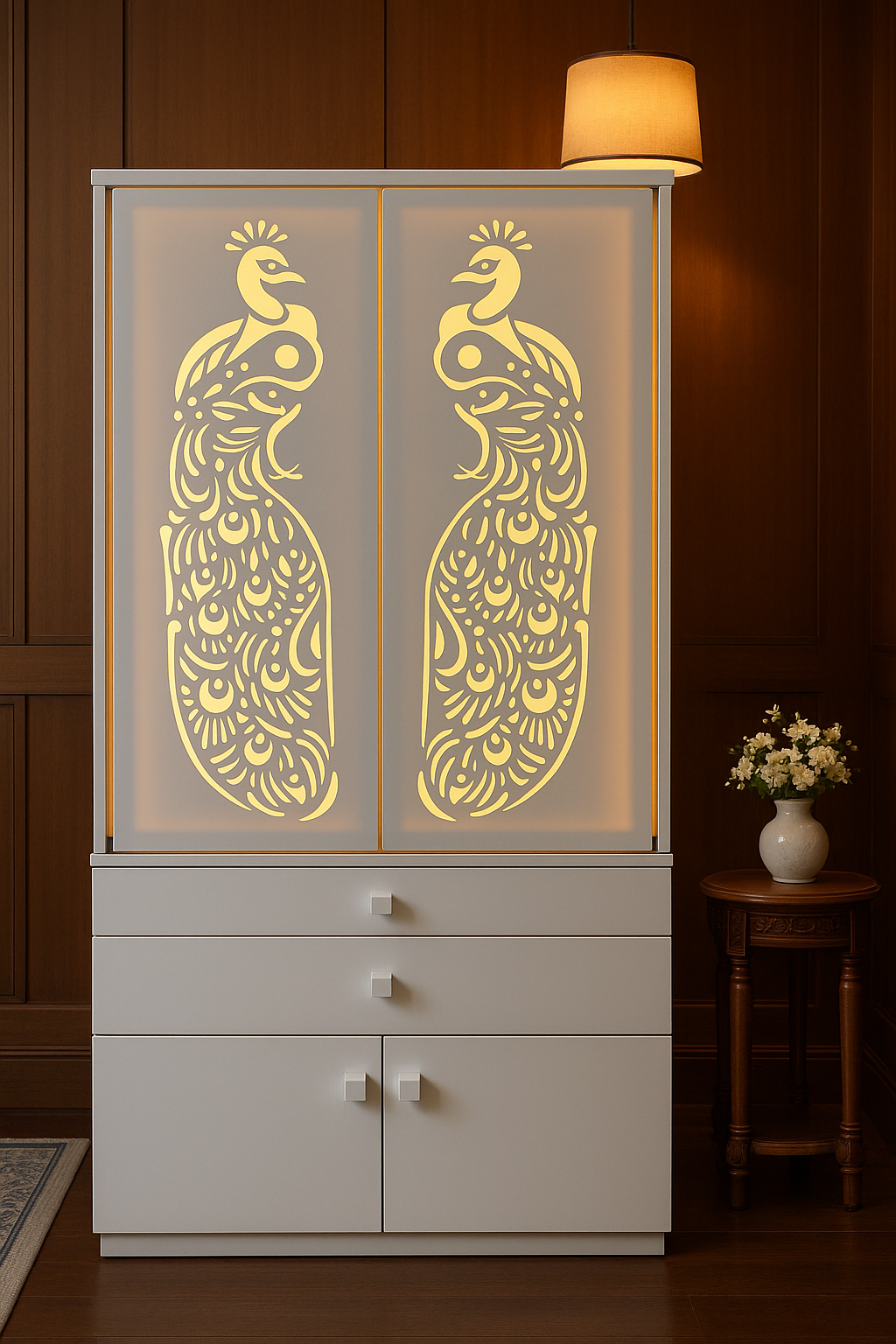 Corian Home Temple with Sliding Doors and Storage Cabinet — Luxury Indian Home Interior — Satguru Creations