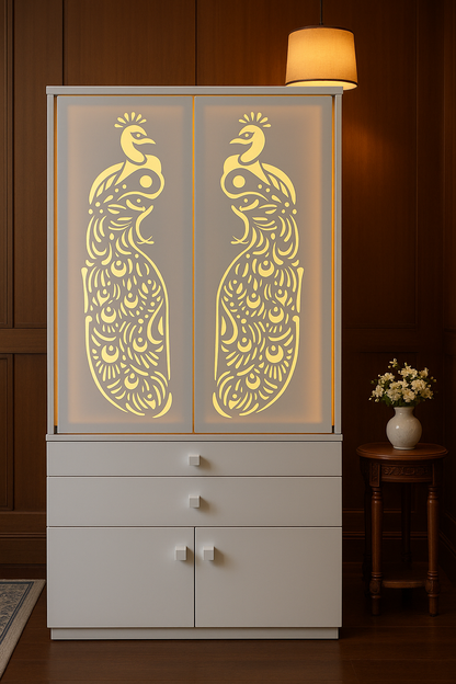 Corian Home Temple with Sliding Doors and Storage Cabinet — Luxury Indian Home Interior — Satguru Creations