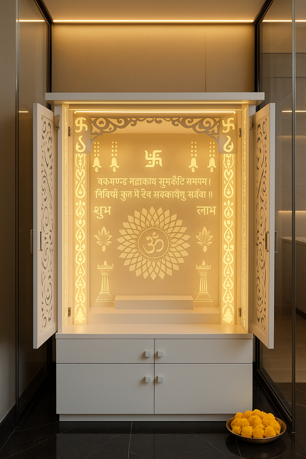 Corian Home Temple with Sliding Doors and Storage Cabinet — Luxury Indian Home Interior — Satguru Creations