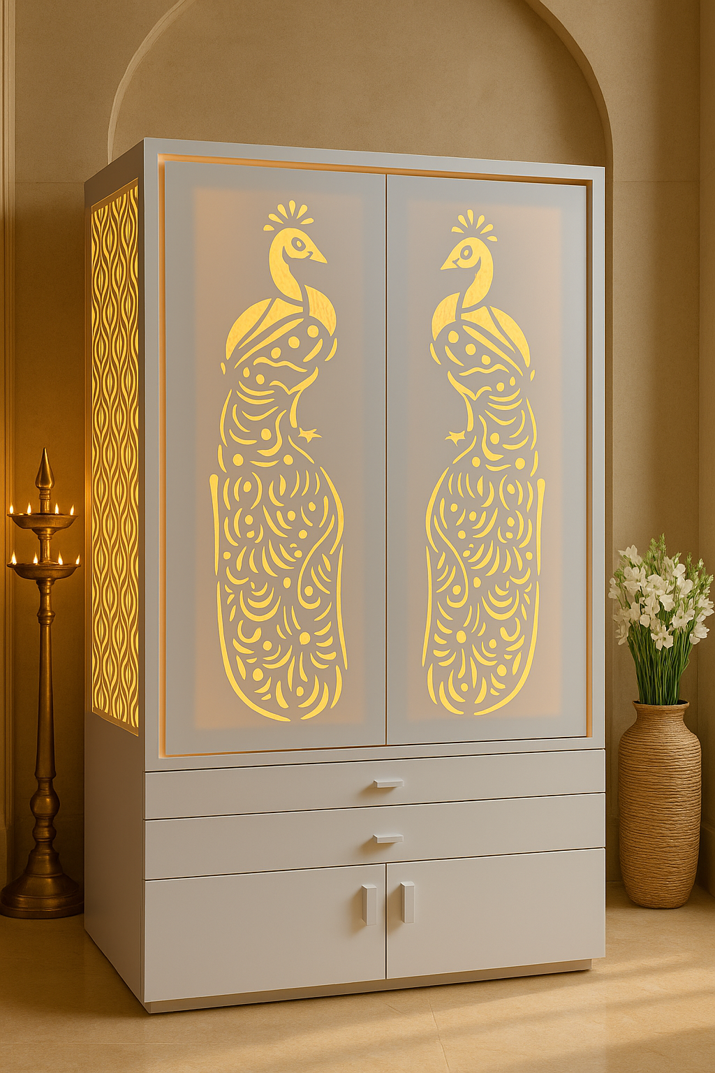 Corian Home Temple with Sliding Doors and Storage Cabinet — Luxury Indian Home Interior — Satguru Creations