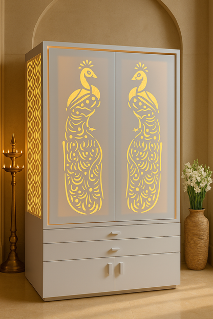 Corian Home Temple with Sliding Doors and Storage Cabinet — Luxury Indian Home Interior — Satguru Creations
