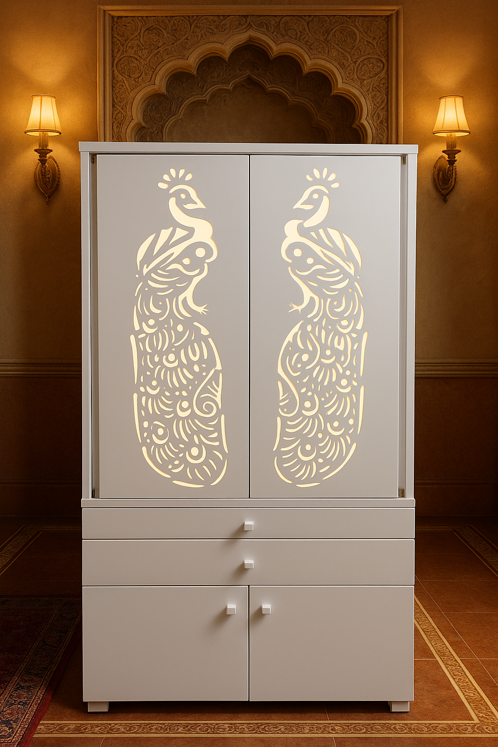 Corian Home Temple with Sliding Doors and Storage Cabinet — Luxury Indian Home Interior — Satguru Creations