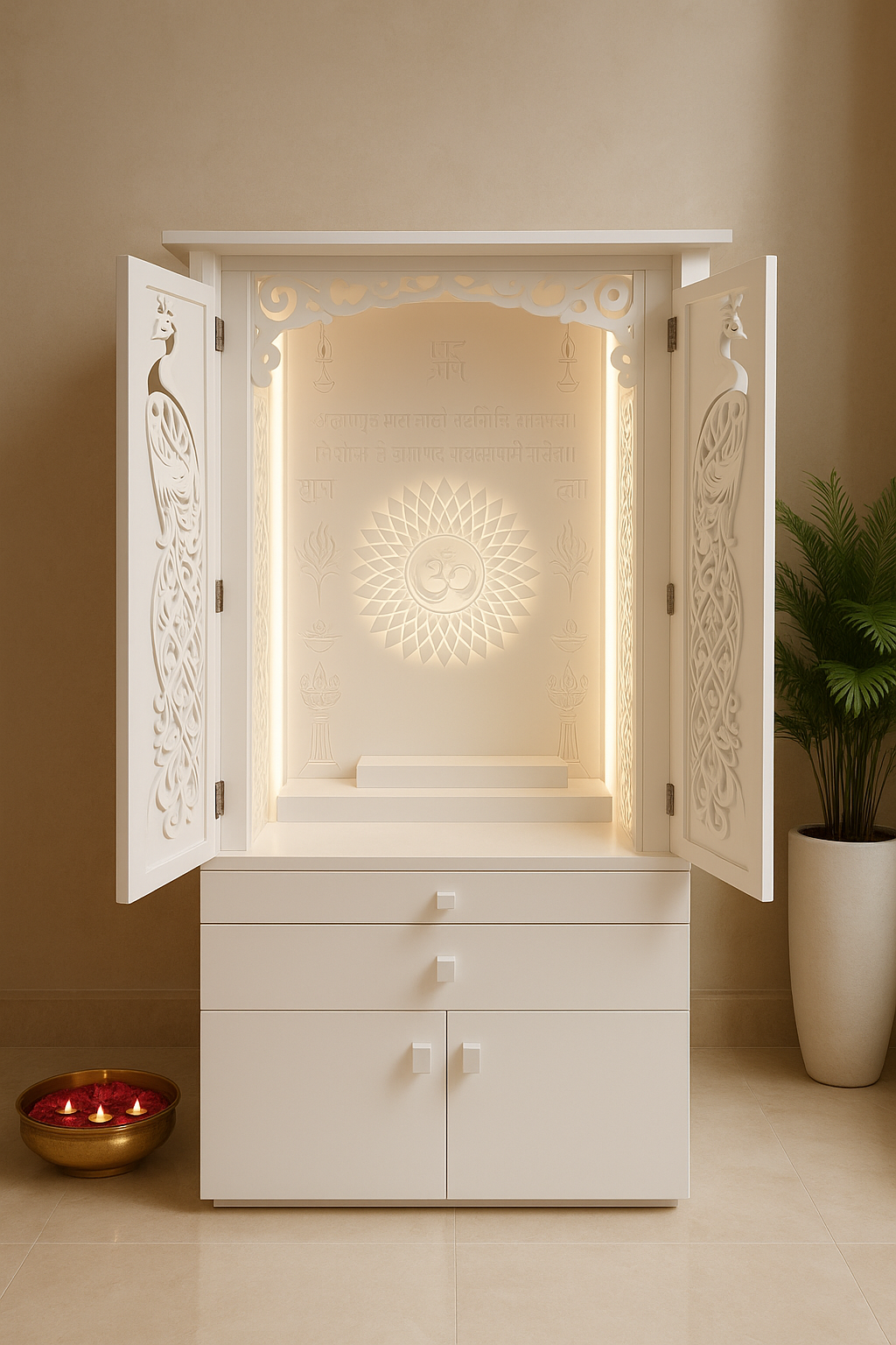 Corian Home Temple with Sliding Doors and Storage Cabinet — Luxury Indian Home Interior — Satguru Creations