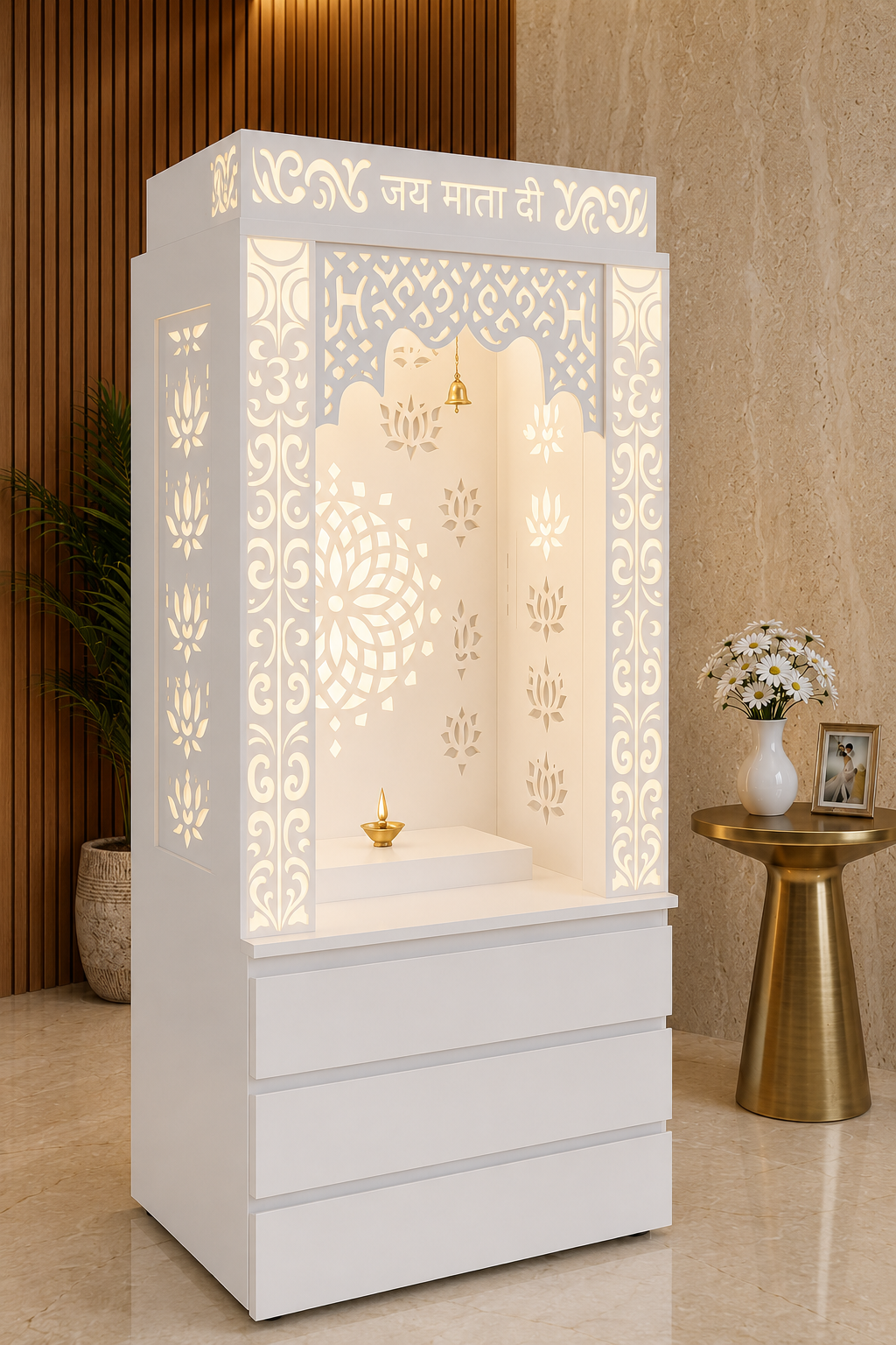 Angled white Corian mandir showing illuminated lotus side jhaali and handleless storage