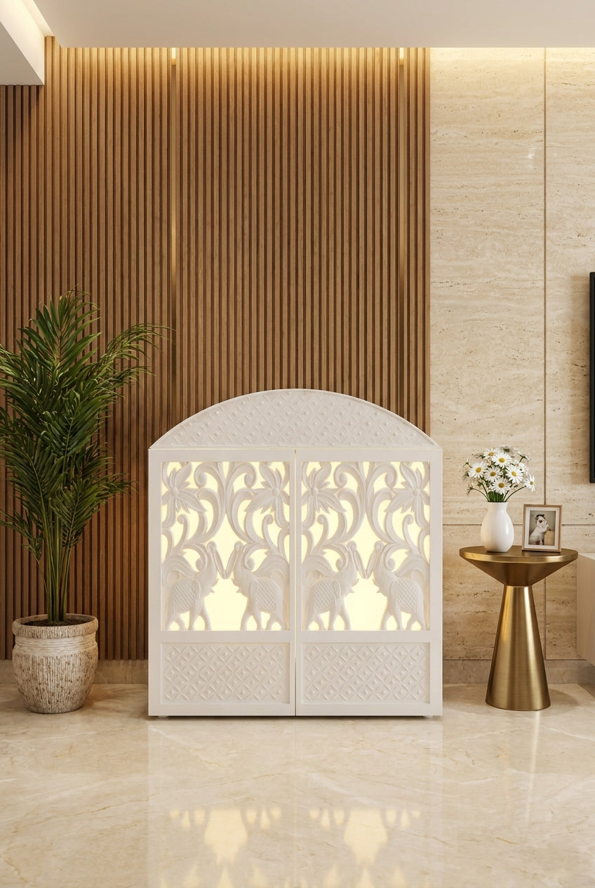 Compact Corian Mandir Carved Doors and Rounded Top — Luxury Home Interior — Satguru Creations