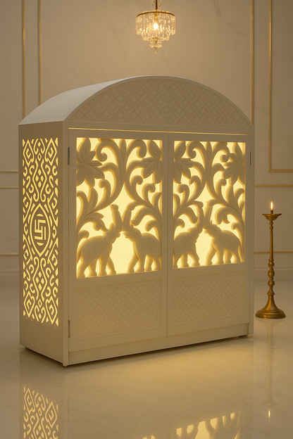 Compact Corian Mandir Carved Doors and Rounded Top — Luxury Indian Home Interior — Satguru Creations
