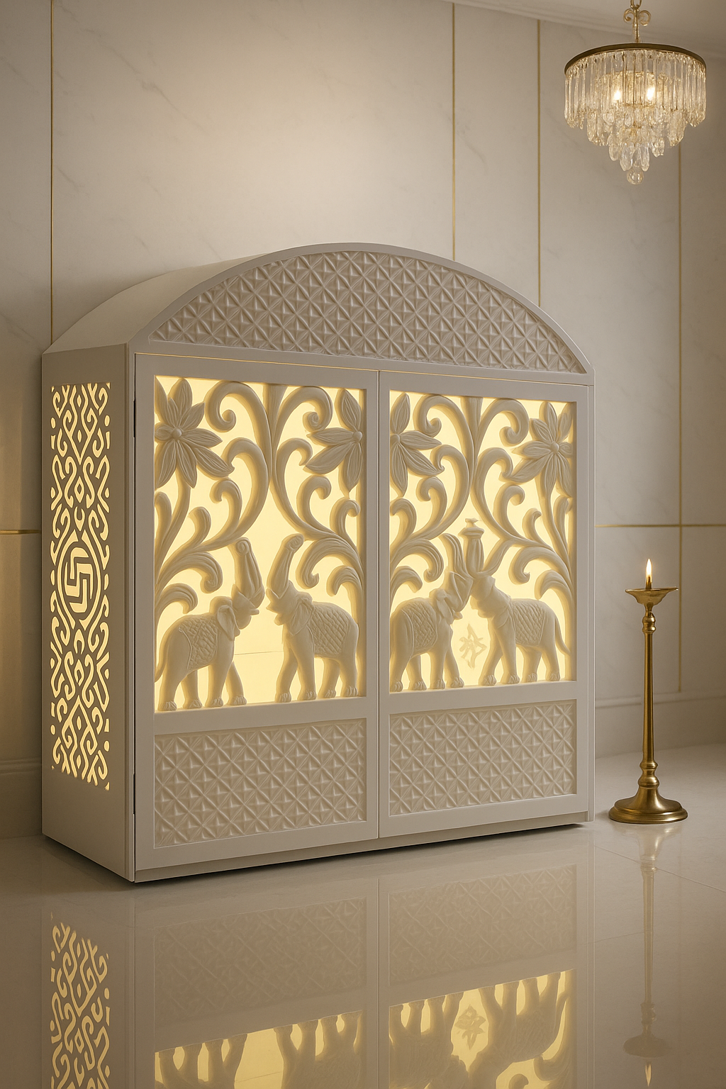 Compact Corian Mandir Carved Doors and Rounded Top — Luxury Indian Home Interior — Satguru Creations