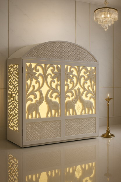 Compact Corian Mandir Carved Doors and Rounded Top — Luxury Indian Home Interior — Satguru Creations