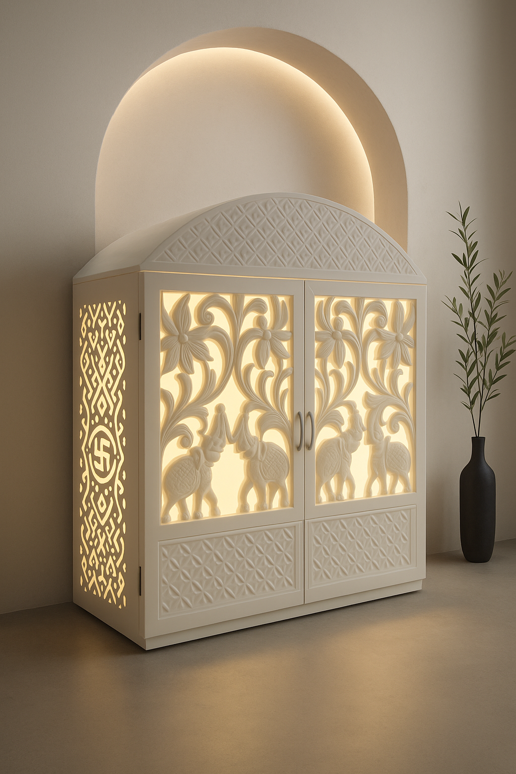 Compact Corian Mandir Carved Doors and Rounded Top — Luxury Indian Home Interior — Satguru Creations