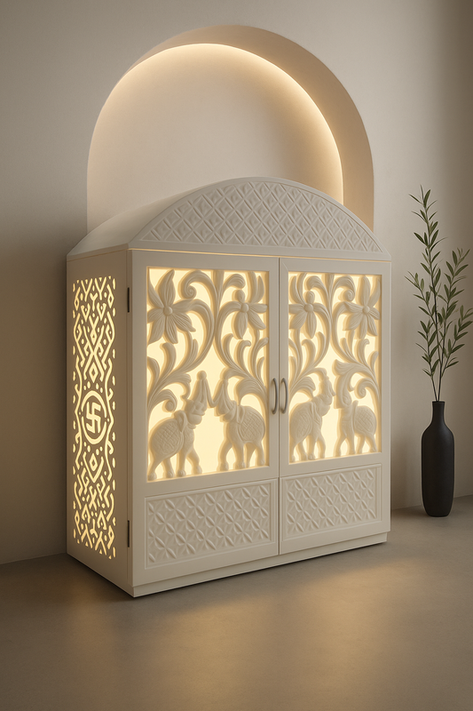 Compact Corian Mandir Carved Doors and Rounded Top — Luxury Indian Home Interior — Satguru Creations