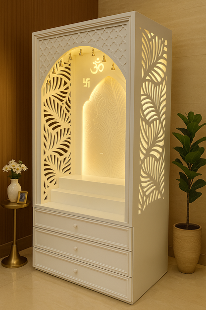 Banana Leaf Jali Corian Mandir — Fretwork Pooja Temple — Luxury Indian Home Interior — Satguru Creations