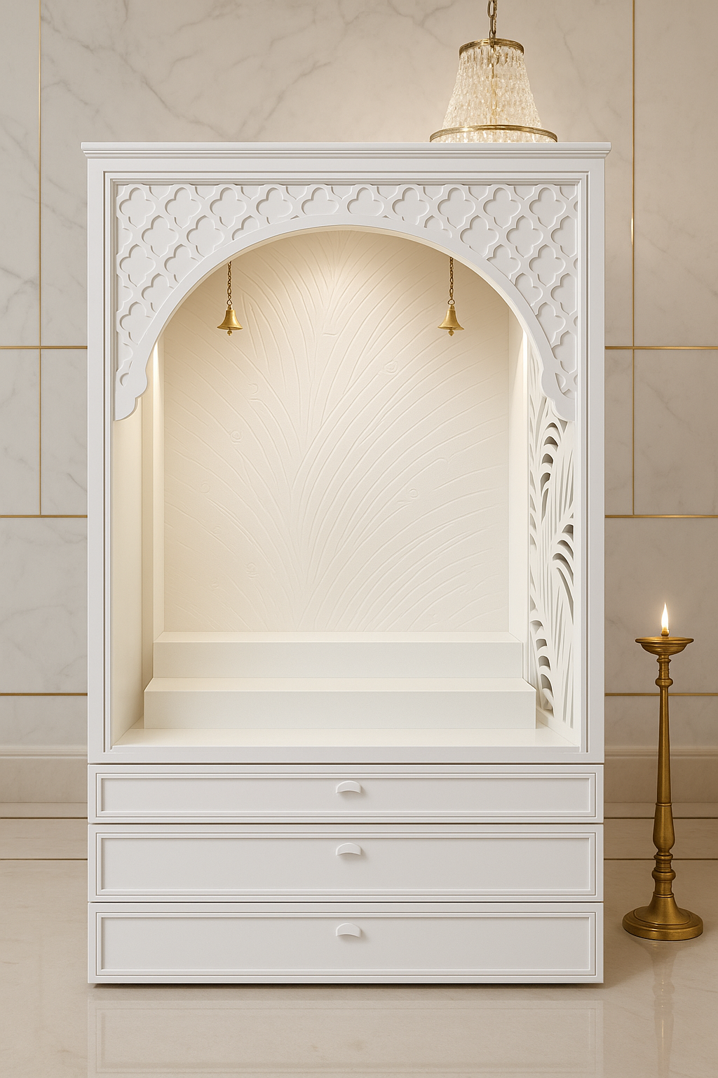 Banana Leaf Jali Corian Mandir — Fretwork Pooja Temple — Luxury Indian Home Interior — Satguru Creations
