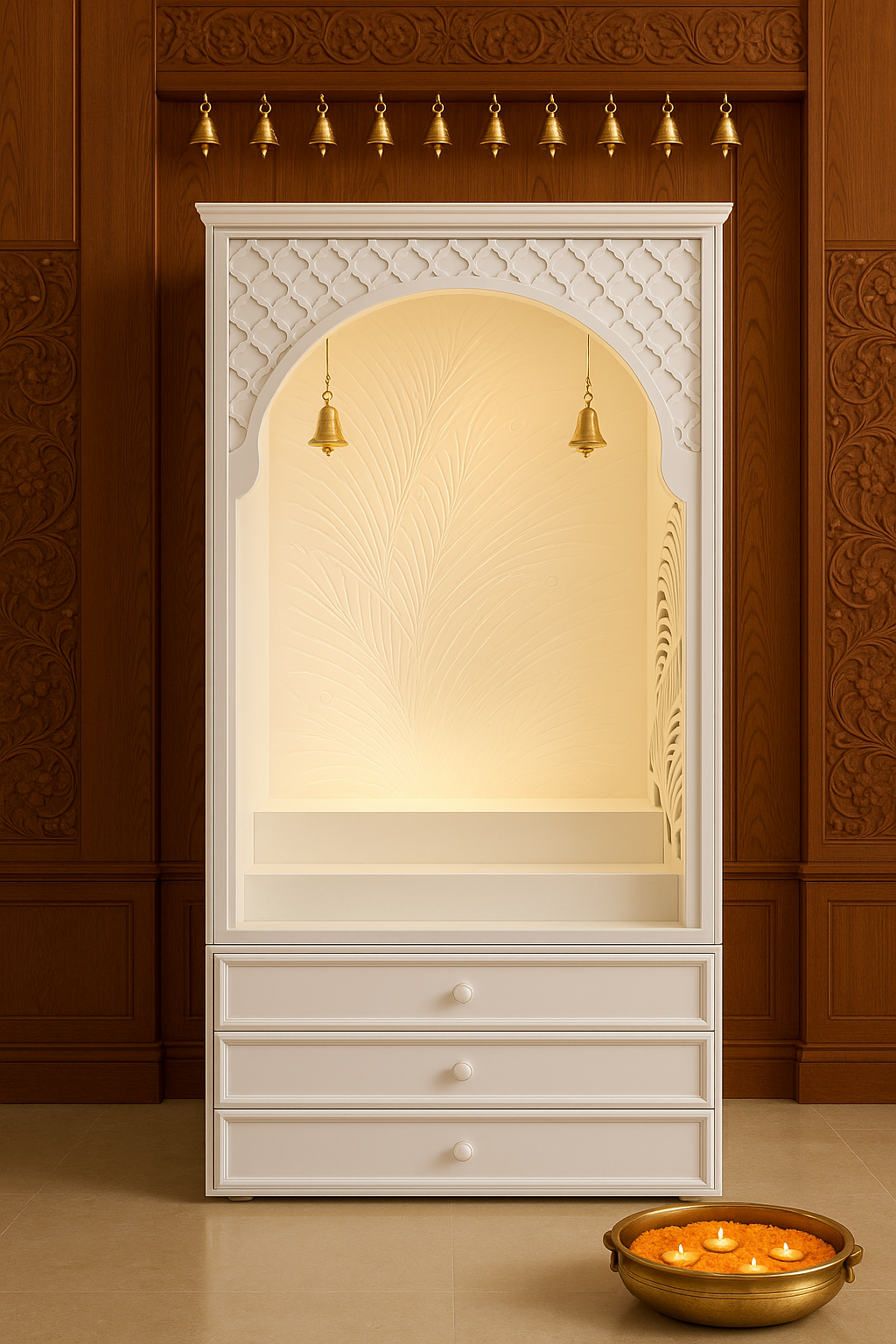 Banana Leaf Jali Corian Mandir — Fretwork Pooja Temple — Luxury Indian Home Interior — Satguru Creations
