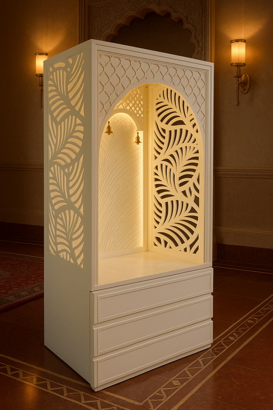 Banana Leaf Jali Corian Mandir — Fretwork Pooja Temple — Luxury Indian Home Interior — Satguru Creations