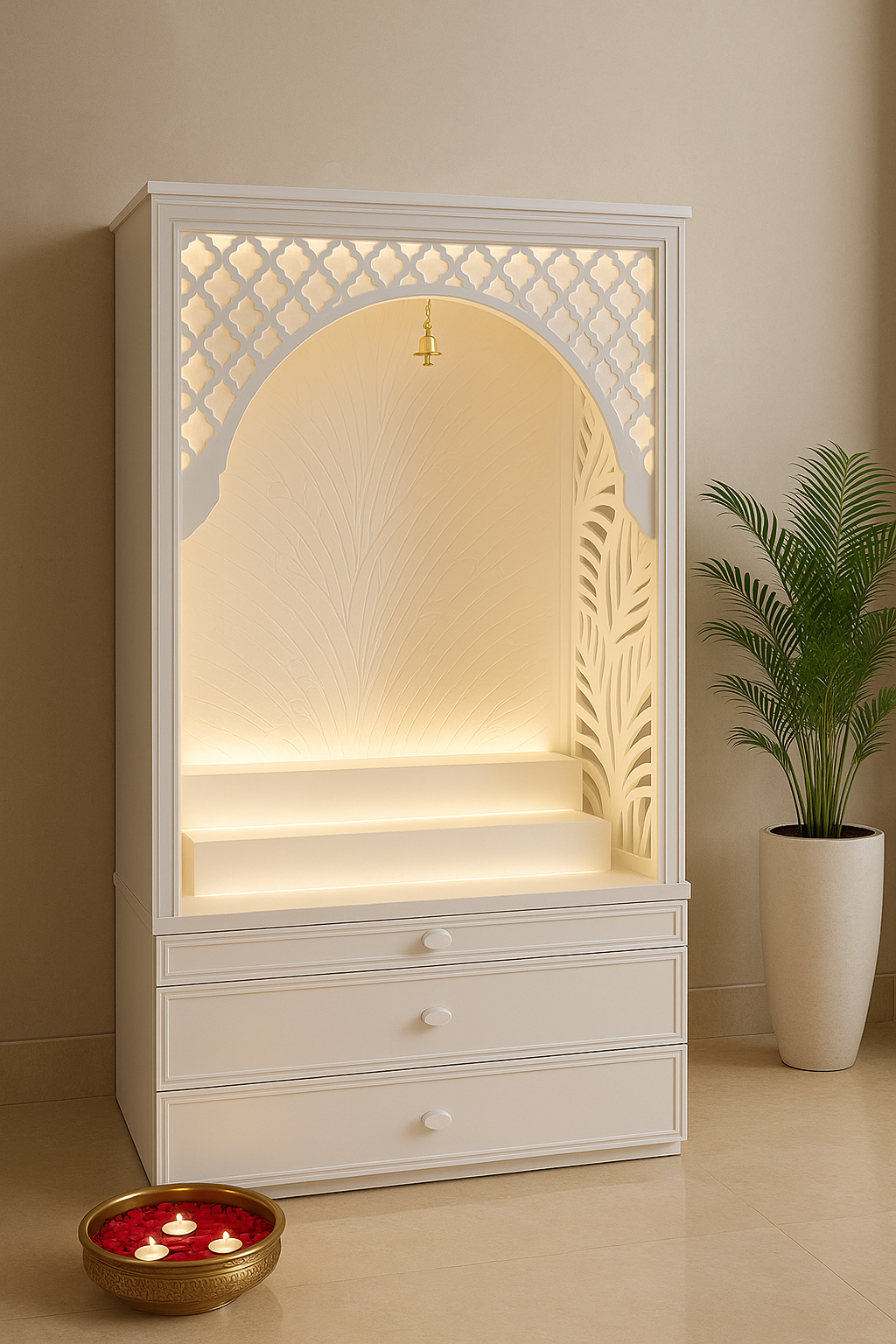 Banana Leaf Jali Corian Mandir — Fretwork Pooja Temple — Luxury Indian Home Interior — Satguru Creations
