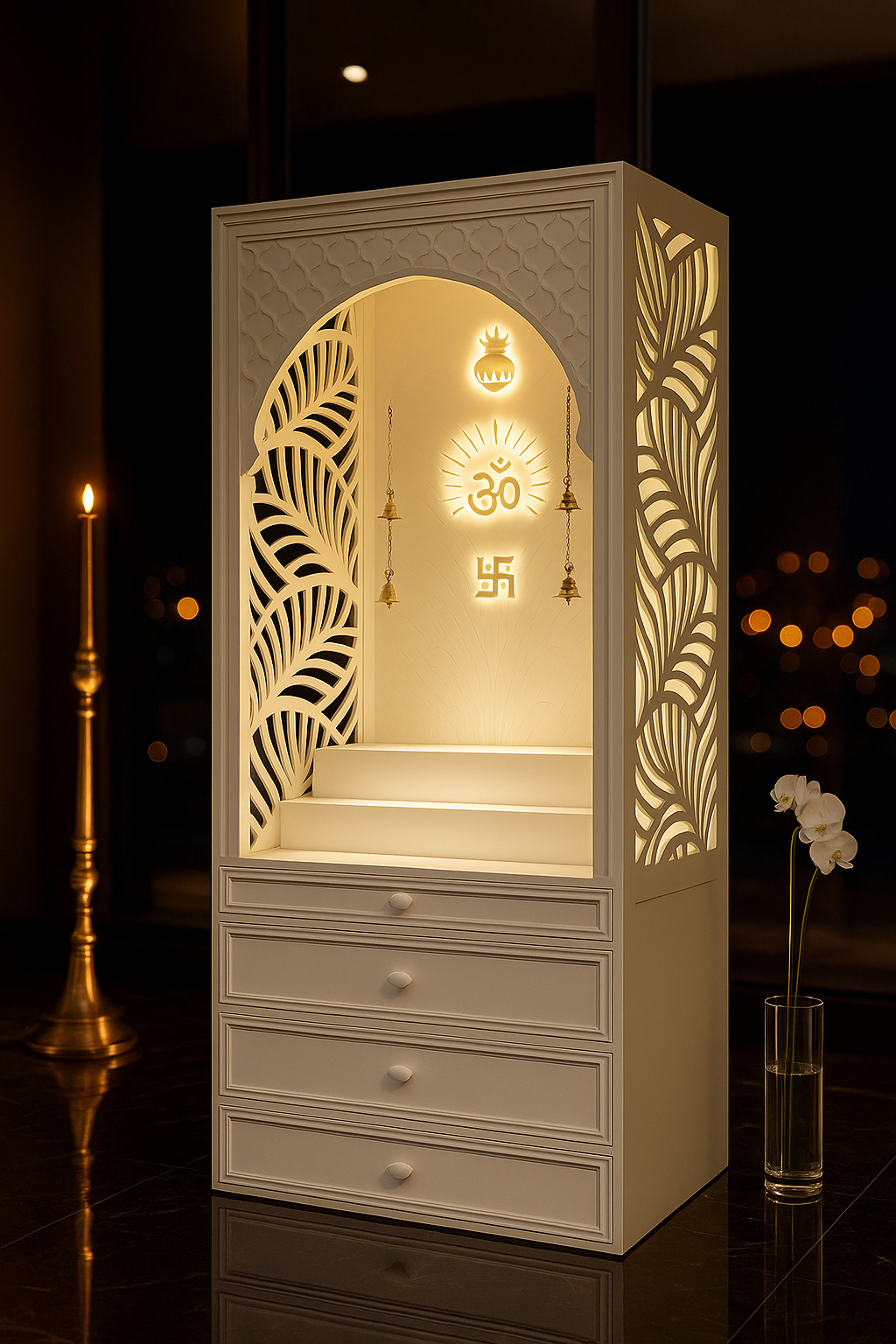 Banana Leaf Jali Corian Mandir — Fretwork Pooja Temple — Luxury Indian Home Interior — Satguru Creations