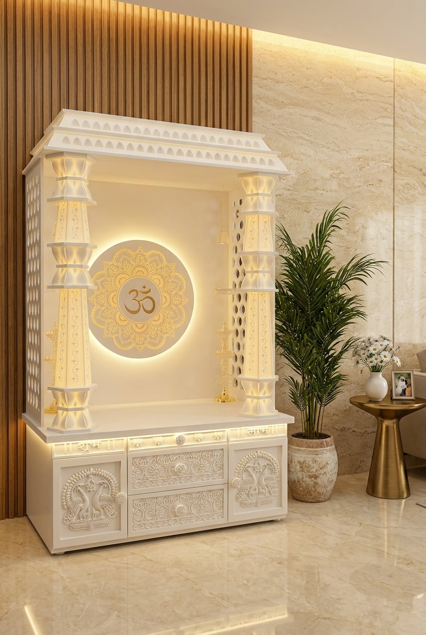 Two-Tier Jali Corian Temple — Peacock Carved Doors — Luxury Home Interior — Satguru Creations - Corian temple collection