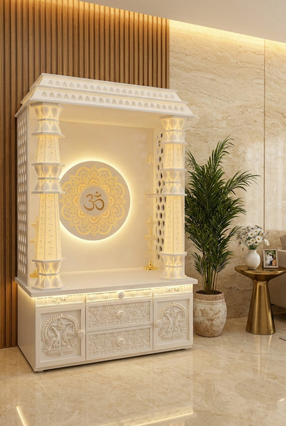 Two-Tier Jali Corian Temple — Peacock Carved Doors — Luxury Home Interior — Satguru Creations