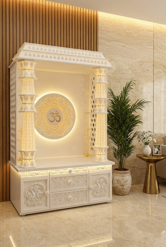 Two-Tier Jali Corian Temple — Peacock Carved Doors — Luxury Home Interior — Satguru Creations