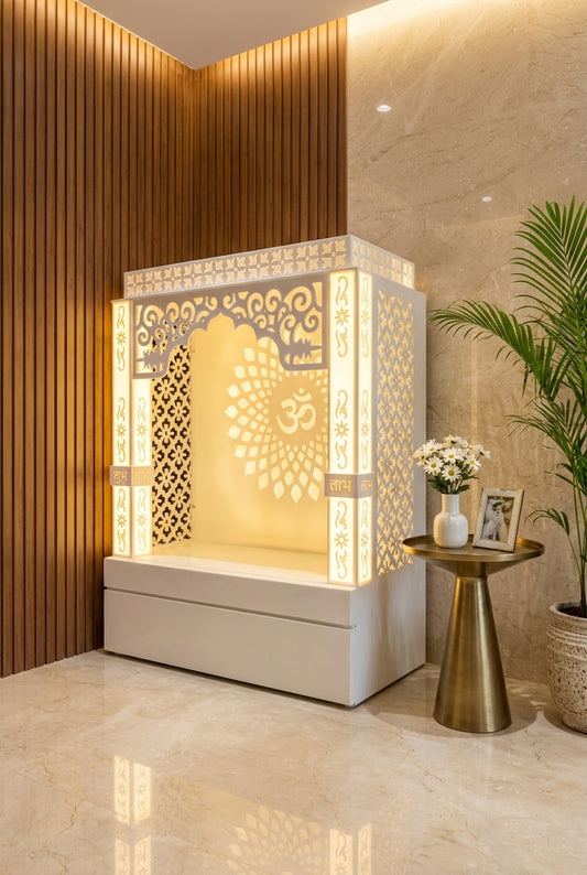 Corian Mandir for Home and Office — Compact Designer Temple — Luxury Home Interior — Satguru Creations