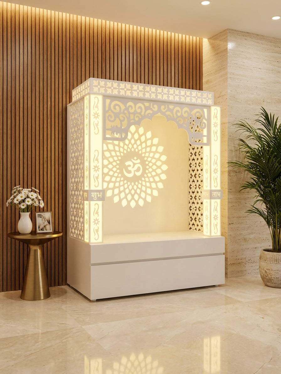 Corian Mandir for Home and Office — Compact Designer Temple — Luxury Indian Home Interior — Satguru Creations
