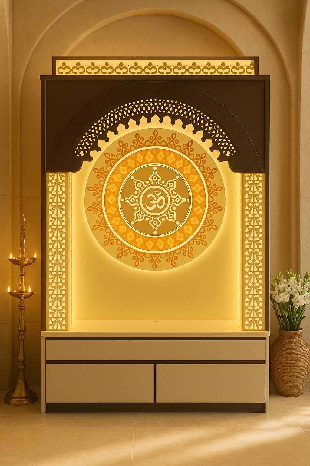 Corian Mandir for Home Andheri West — Mumbai Install — Luxury Indian Home Interior — Satguru Creations