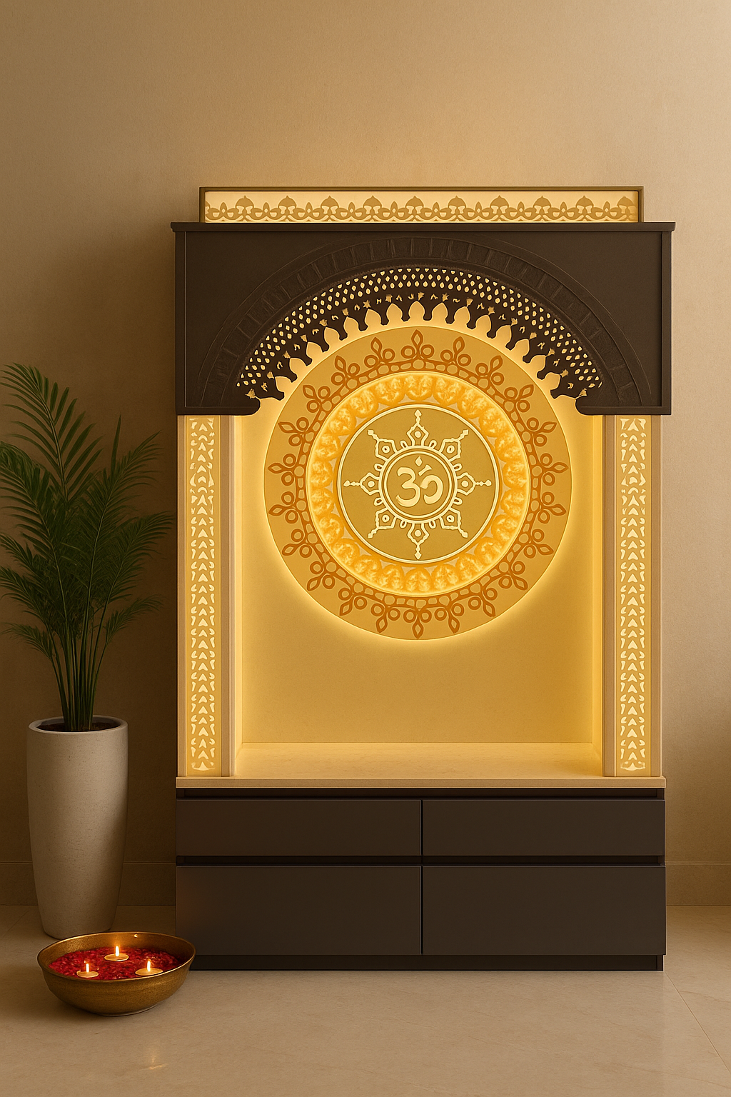 Corian Mandir for Home Andheri West — Mumbai Install — Luxury Indian Home Interior — Satguru Creations