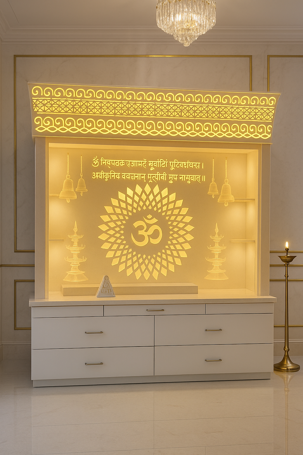 Big Corian Mandir for Home — 5.5 x 7 ft Dome Top — Luxury Indian Home Interior — Satguru Creations