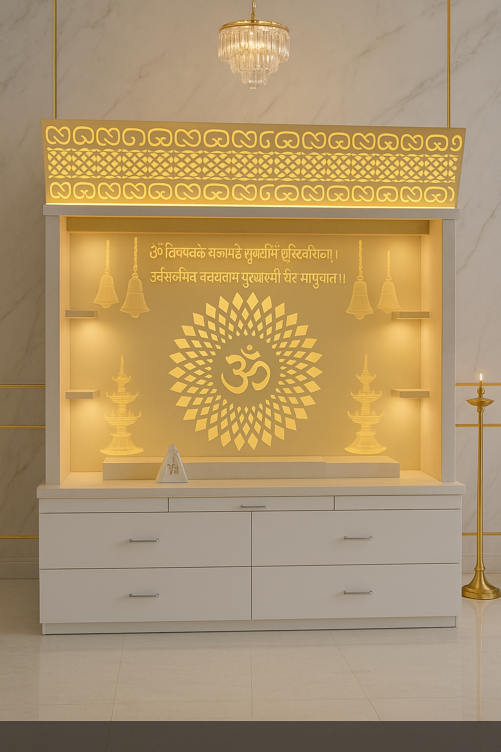 Big Corian Mandir for Home — 5.5 x 7 ft Dome Top — Luxury Indian Home Interior — Satguru Creations