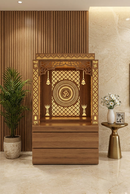 Compact Corian Mandir for Home with Hidden Storage — Luxury Home Interior — Satguru Creations