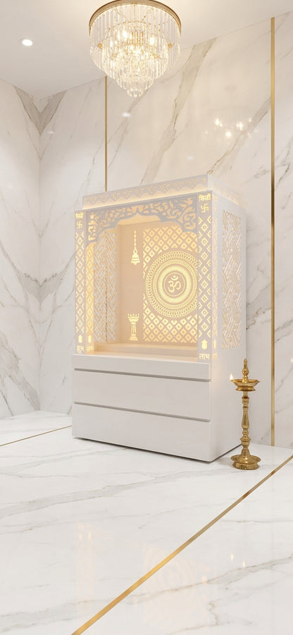 Compact Corian Mandir for Home with Hidden Storage — Luxury Indian Home Interior — Satguru Creations