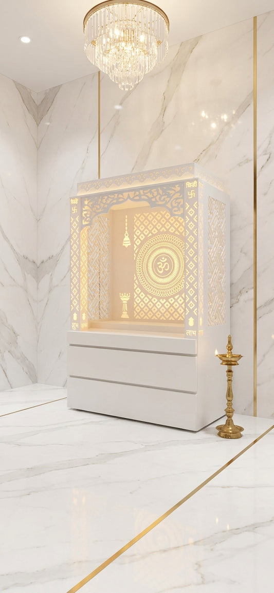 Compact Corian Mandir for Home with Hidden Storage — Luxury Indian Home Interior — Satguru Creations