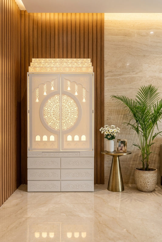 Traditional Corian Mandir for Home — Om Lotus Arch — Luxury Home Interior — Satguru Creations