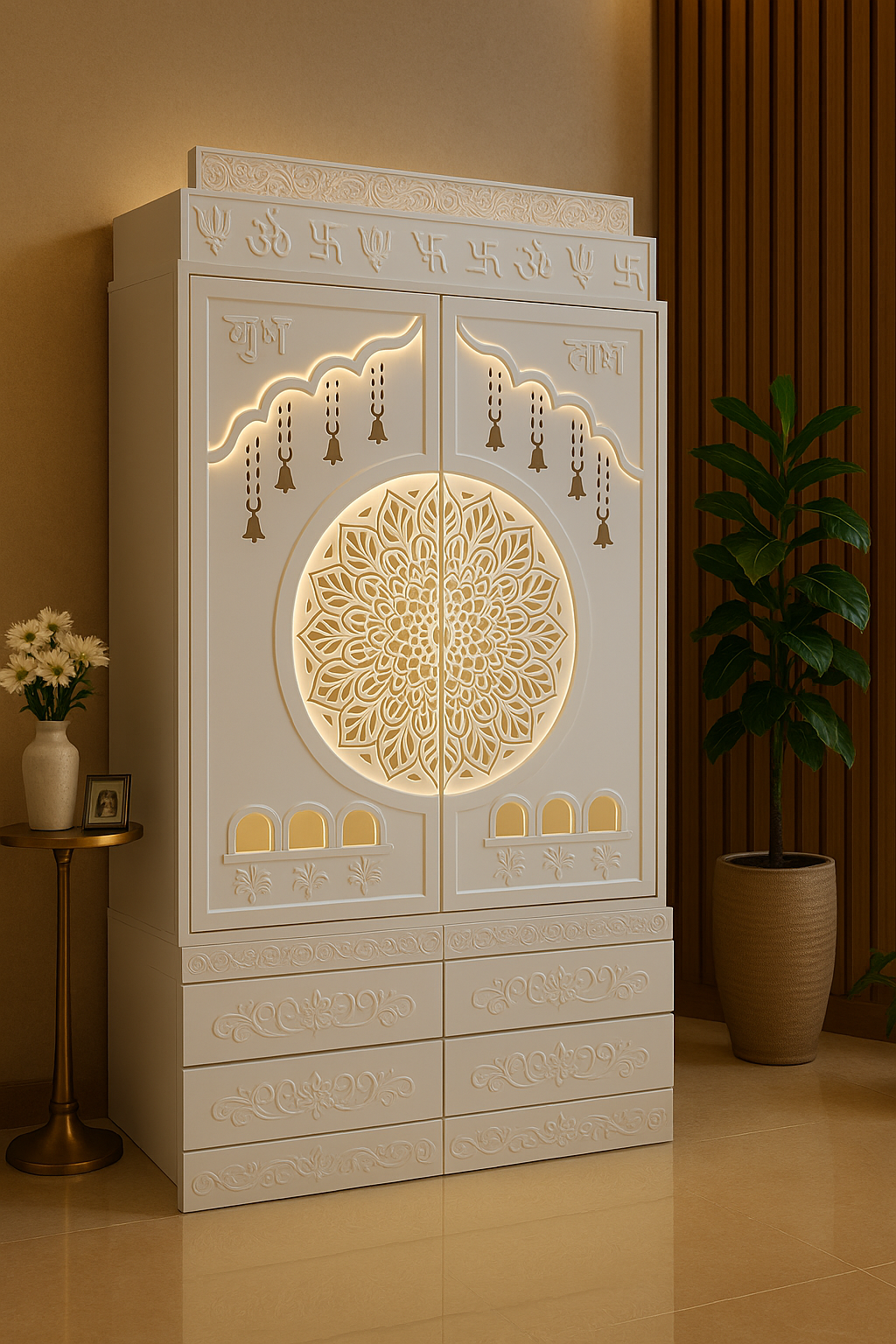 Traditional Corian Mandir for Home — Om Lotus Arch — Luxury Indian Home Interior — Satguru Creations