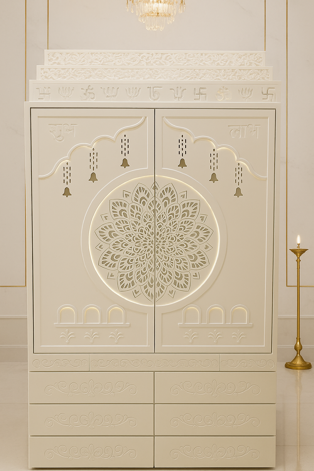 Traditional Corian Mandir for Home — Om Lotus Arch — Luxury Indian Home Interior — Satguru Creations