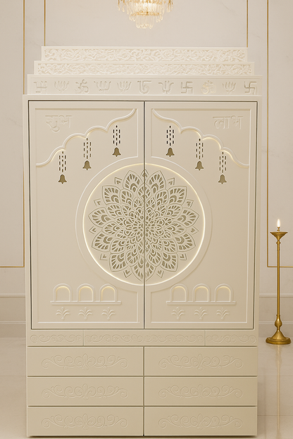 Traditional Corian Mandir for Home — Om Lotus Arch — Luxury Indian Home Interior — Satguru Creations