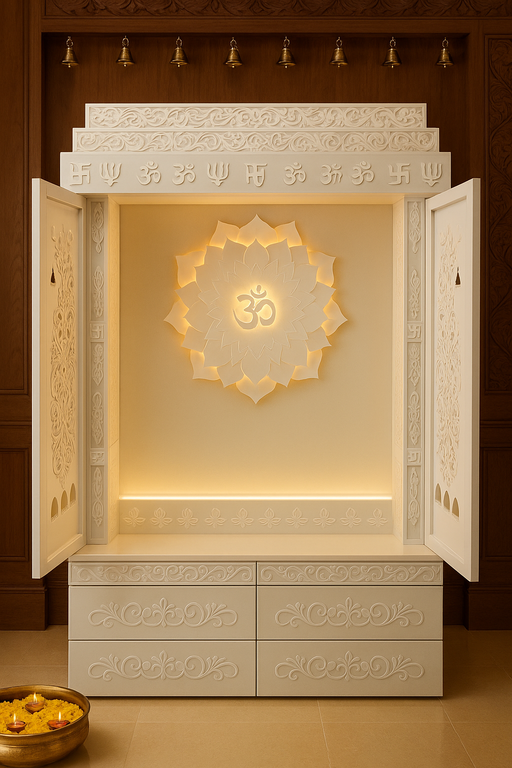 Traditional Corian Mandir for Home — Om Lotus Arch — Luxury Indian Home Interior — Satguru Creations