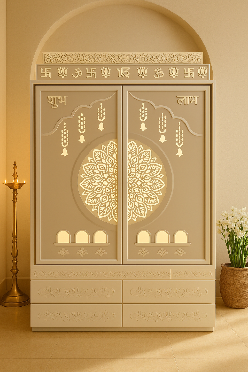 Traditional Corian Mandir for Home — Om Lotus Arch — Luxury Indian Home Interior — Satguru Creations