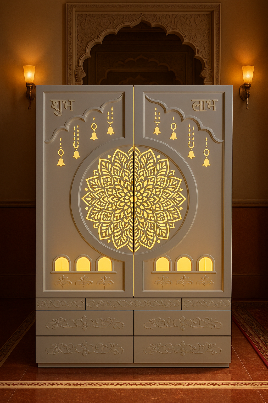 Traditional Corian Mandir for Home — Om Lotus Arch — Luxury Indian Home Interior — Satguru Creations