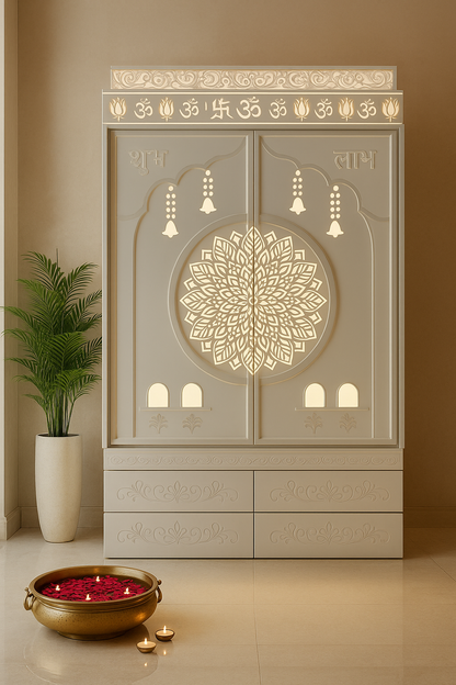 Traditional Corian Mandir for Home — Om Lotus Arch — Luxury Indian Home Interior — Satguru Creations