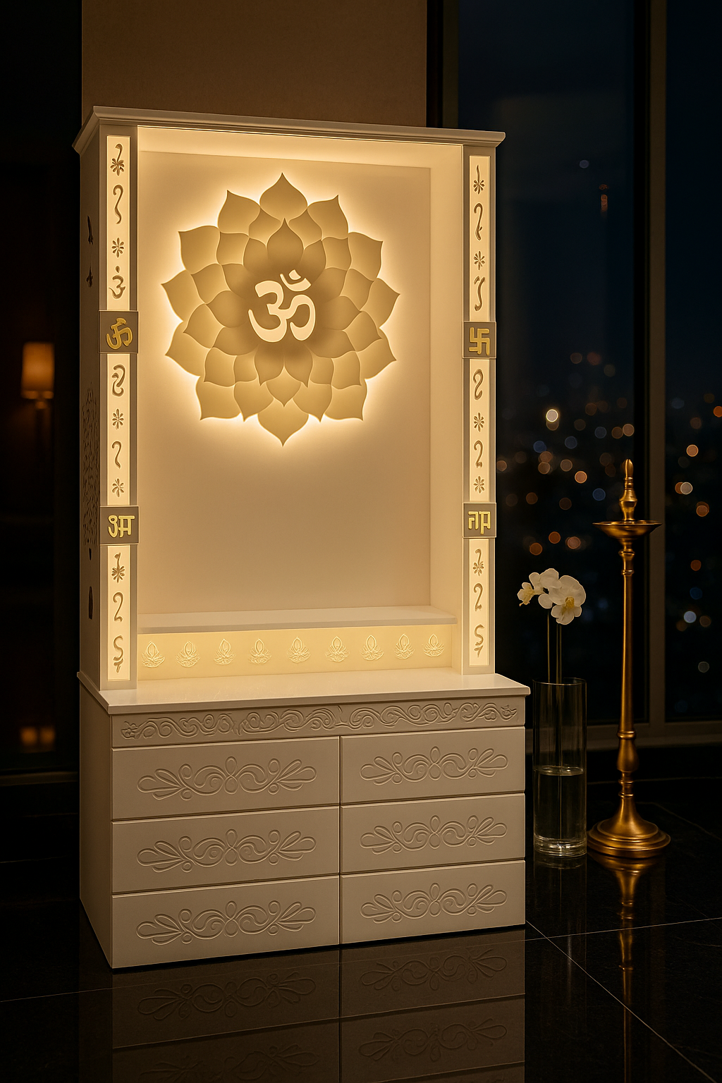 Traditional Corian Mandir for Home — Om Lotus Arch — Luxury Indian Home Interior — Satguru Creations